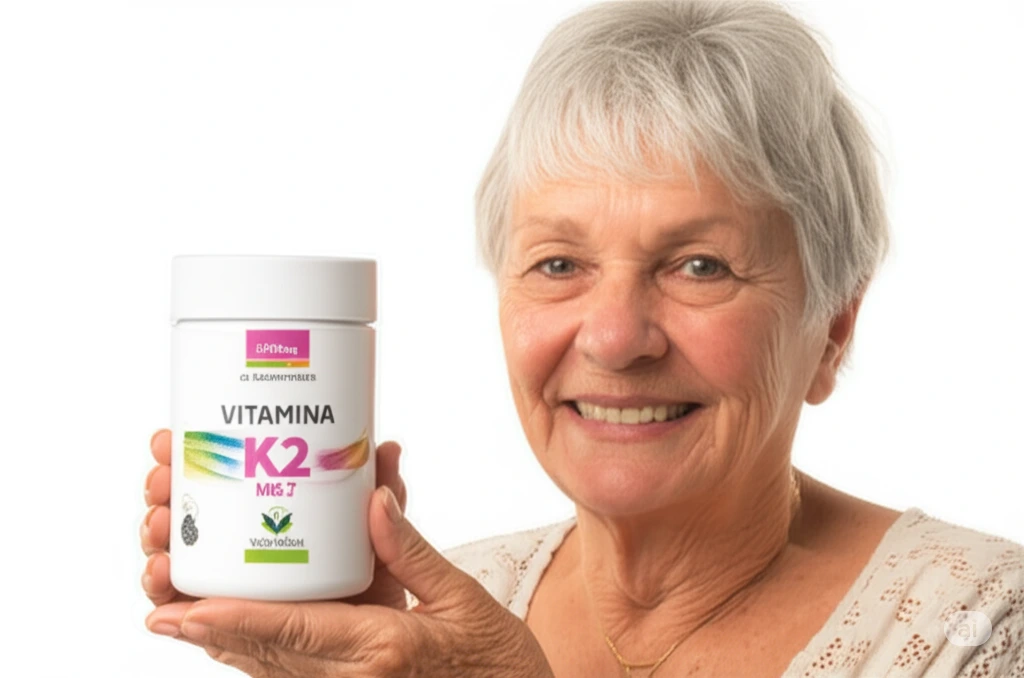 Mulher radiante segurando VITAK2 Protection - Vitamina K2 MK-7